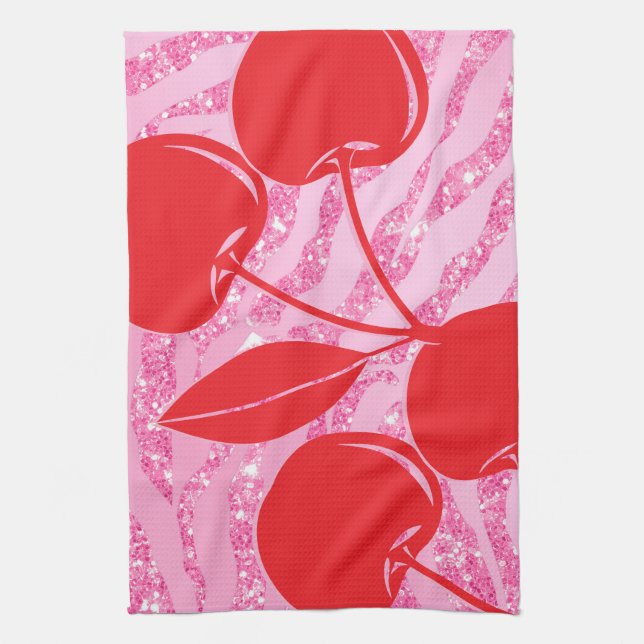 Pink Red Glitter Zebra Cherries Kitchen Towel (Vertical)