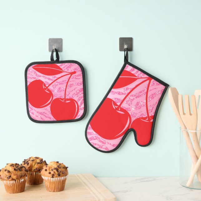 Pink Red Glitter Zebra Cherries Oven Mitt & Pot Holder Set (Insitu(Hanging))
