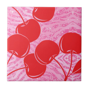 Pink Red Glitter Zebra Cherries Tile