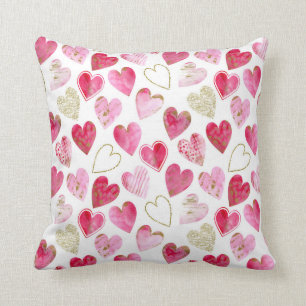 Pink Red Gold Modern Watercolor Love Heart Pattern Throw Pillow