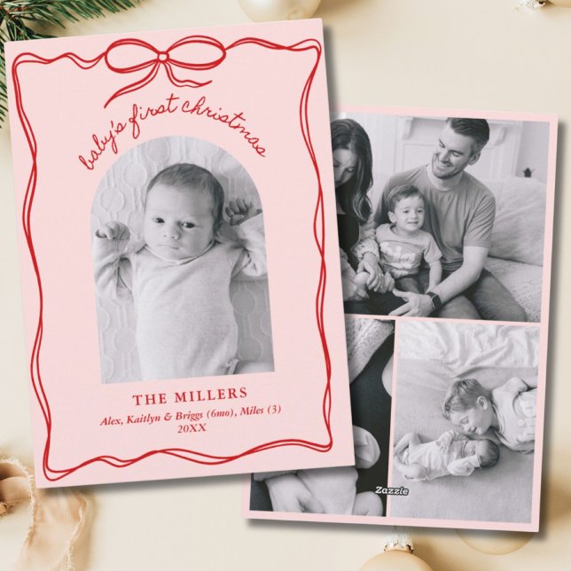 Pink & Red Grandmillennial Baby's 1st Christmas Holiday Card (Pink & Red Grandmillennial Baby's 1st Christmas Holiday Card)