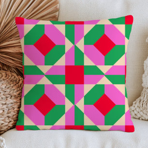Pink, Red& Green Colourful Geometric Pattern Retro Throw Pillow