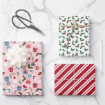 Pink Red Green Cute Cozy Christmas Patterns Wrapping Paper Sheet<br><div class="desc">Cute Christmas wrapping papers in three matching designs. One with snowmen,  Santas,  spruce needles,  steaming cups of cocoa,  and more. One with holly,  and one with peppermint stripes.</div>
