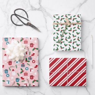  Pink Red Green Cute Cozy Christmas Patterns Wrapping Paper Sheet