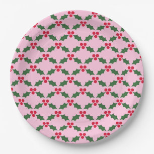Pink Red Green Holly Christmas Paper Plate