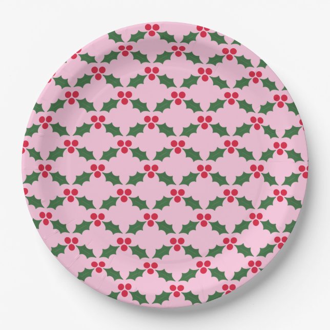 Pink Red Green Holly Christmas Paper Plate (Front)