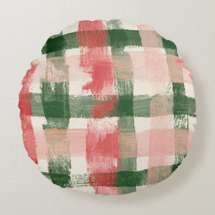 Pink Red Green Plaid White Plaid Stripes Round Pillow