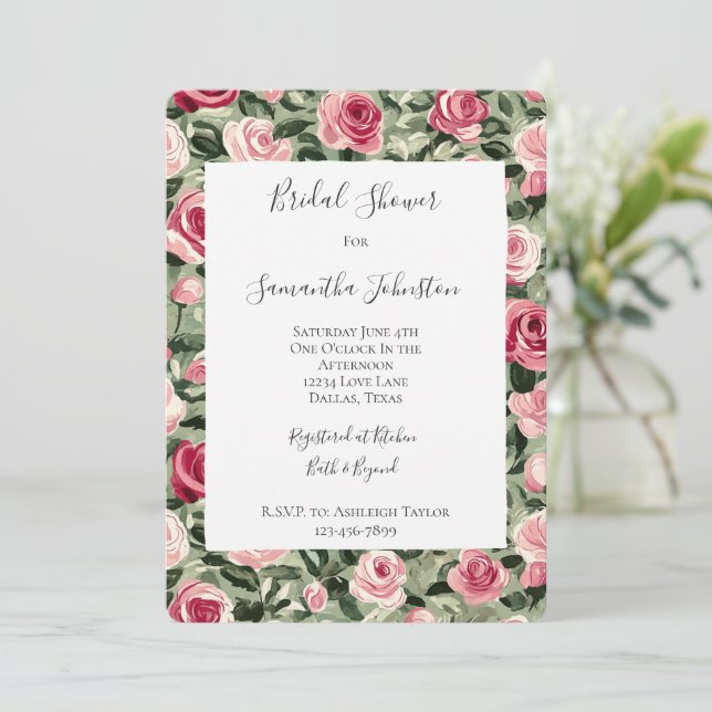Pink Red Green Roses Floral Bridal Shower Invitation (Standing Front)