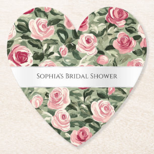 Pink Red Green Roses Floral Bridal Shower Paper Coaster