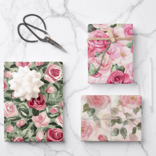Pink Red Green Roses Floral Bridal Shower Wrapping Paper Sheet