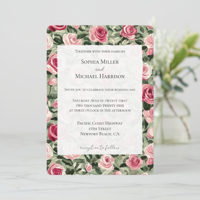 Pink Red Green Roses Floral Wedding Invitation (Standing Front)