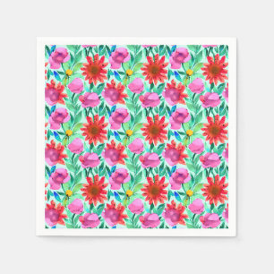 Pink, Red, Green Watercolor Flowers Napkin