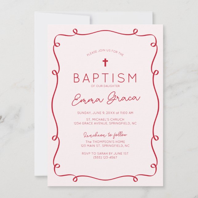 Pink & Red Hand Drawn Baptism Invitation (Front)