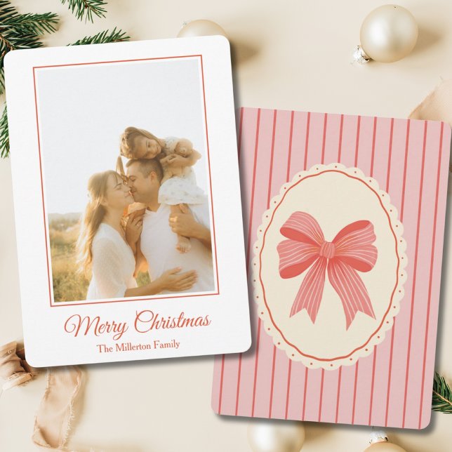 Pink Red Hand Drawn Bow Photo Christmas Card (Creator Uploaded)