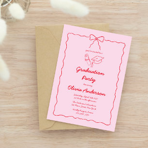 Pink Red Hand-Drawn Bow Squiggle Graduation Party Invitation