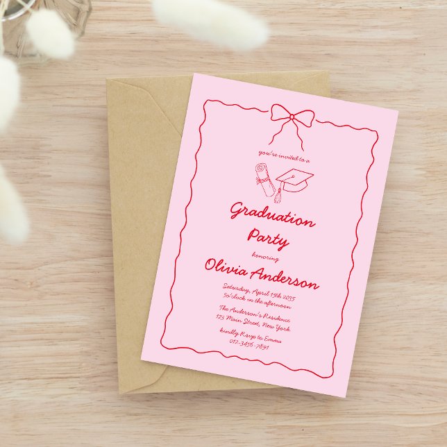 Pink Red Hand-Drawn Bow Squiggle Graduation Party Invitation (Creator Uploaded)