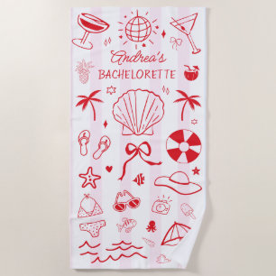 Pink Red Hand Drawn Coastal Bachelorette Favor Beach Towel