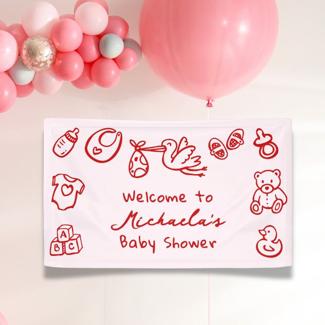 Pink & Red Hand Drawn Doodle Bow Girl Baby Shower Banner (Creator Uploaded)