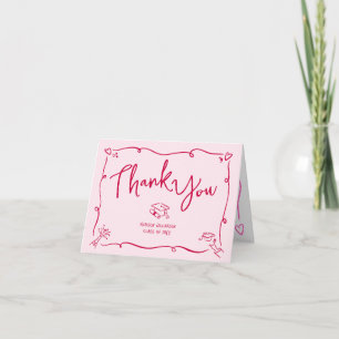Pink Red Hand Drawn Doodle Style Graduation Quirky Thank You Card
