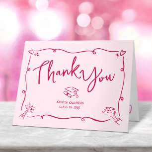 Pink Red Hand Drawn Doodle Style Graduation Quirky Thank You Card