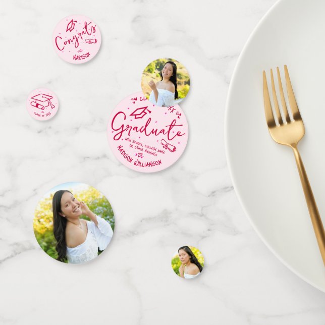 Pink Red Hand Drawn Doodles Graduation 3 Photo Fun Confetti (Group)