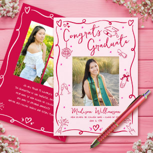 Pink Red Hand Drawn Doodles Graduation 4 Photo Fun Announcement