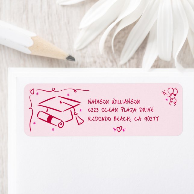 Pink Red Hand Drawn Doodles Graduation Cap Address (En situation)