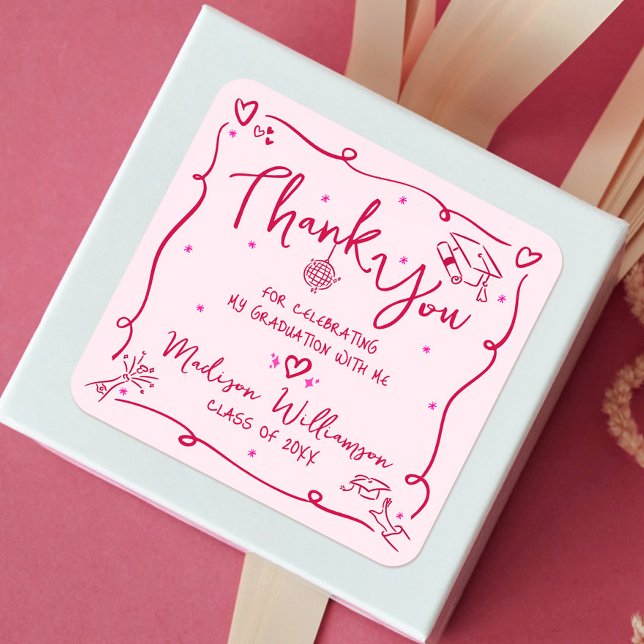 Pink Red Hand Drawn Doodles Graduation Thank You Square Sticker (Creator Uploaded)