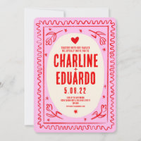 Pink Red Hand Drawn Wavy Retro Wedding 