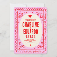 Pink Red Hand Drawn Wavy Retro Wedding