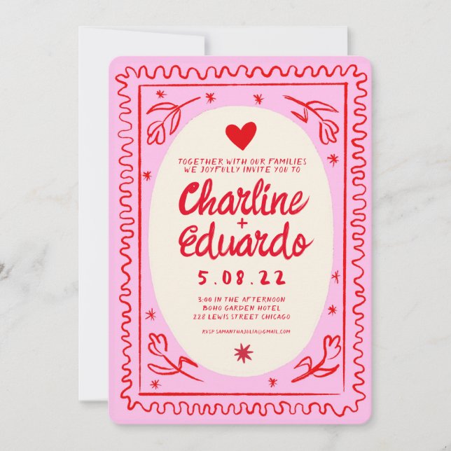 Pink Red Hand Drawn Wavy Retro Wedding  Invitation (Front)