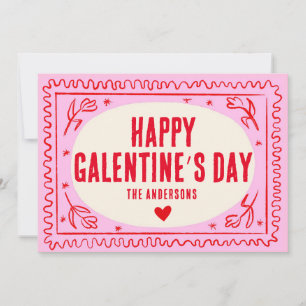 Pink Red Hand Print Retro Happy Galentine’s Day  Holiday Card