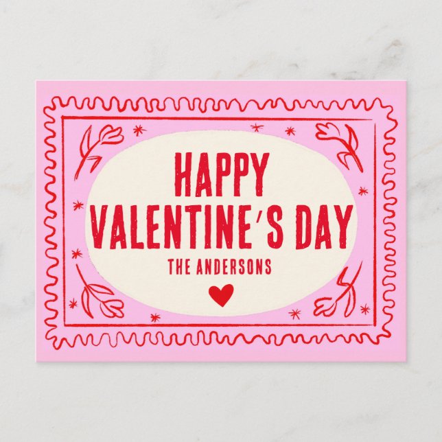 Pink Red Hand Print Retro Happy Valentine’s Day  Postcard (Front)