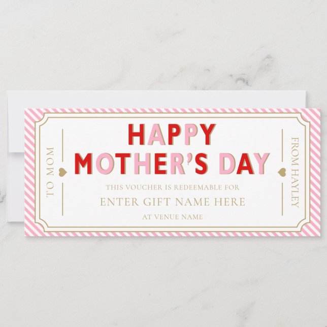 Pink Red Happy Mother's Day Gift Voucher Card (Front)