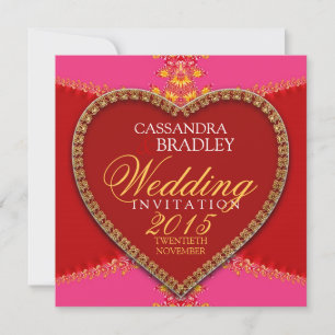 Pink Red Heart Gold Lace Wedding Invitations