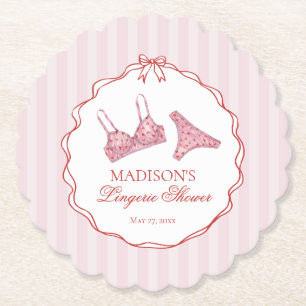 Pink & Red Heart Lingerie Shower Panty Party Paper Coaster