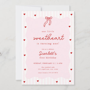 Pink Red Heart Little Sweetheart Birthday Invite