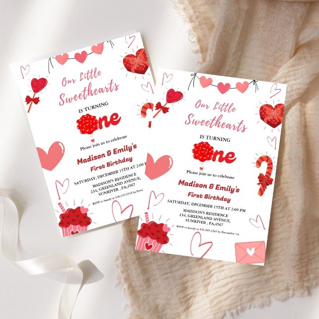 Pink & Red Heart Valentine Twin First Birthday  Invitation (Creator Uploaded)