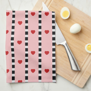 Pink & Red Hearts Chequerboard Stripe Kitchen Towel