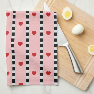 Pink & Red Hearts Chequerboard Stripe Kitchen Towel