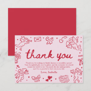 Pink Red Hearts Hand Drawn Valentine Bridal Shower Thank You Card