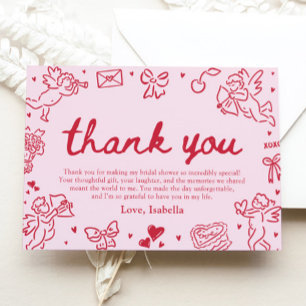 Pink Red Hearts Hand Drawn Valentine Bridal Shower Thank You Card