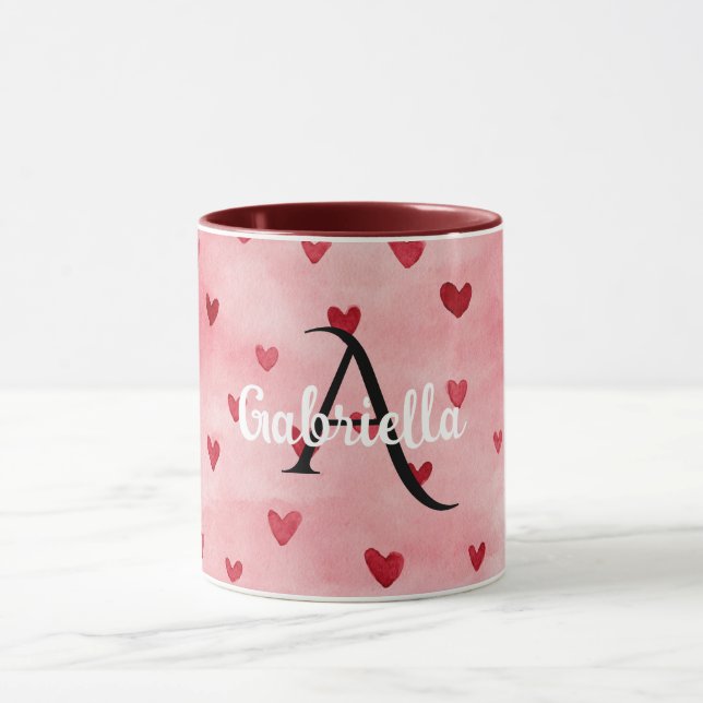 Pink Red Hearts Monogram Name Mug (Center)