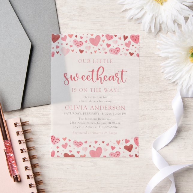Pink Red Hearts Our Little Sweetheart Baby Shower Vellum Invitations (Wedding)