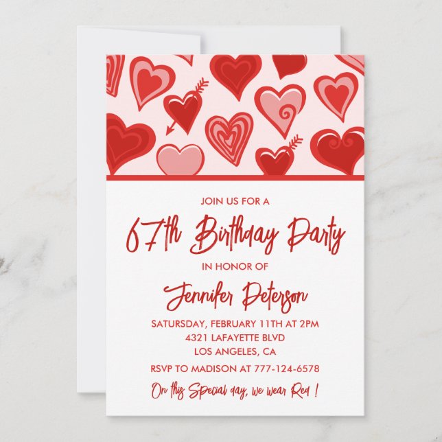 Pink Red Hearts Pattern Simple 67th birthday  Invitation (Front)