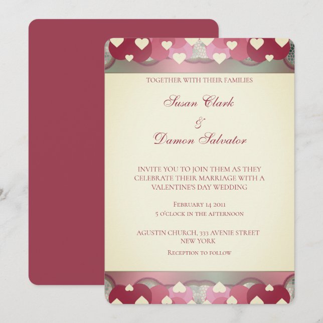 Pink Red Hearts Valentine's Wedding Day  Invitation (Front/Back)
