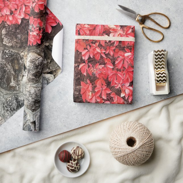Pink red ivy leaves autumn stone wall wrapping paper (Crafts)