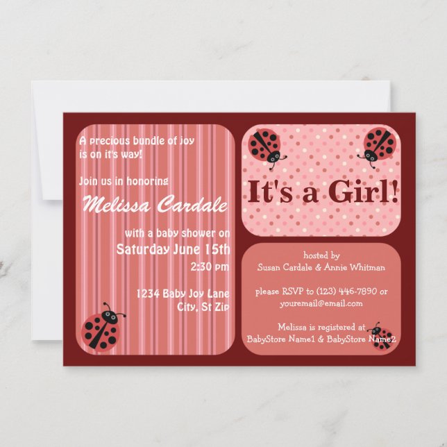 Pink Red Ladybug Baby Shower Invitations Girl (Front)