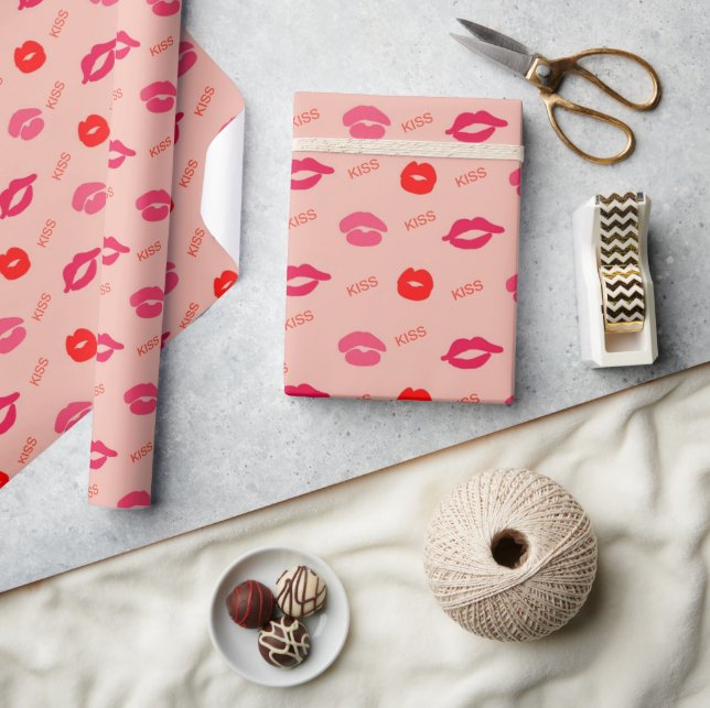 Pink Red Lip Kisses Valentine's Day Wrapping Paper (Crafts)