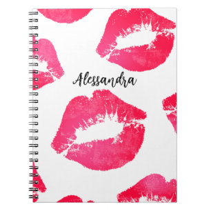 Pink Red Lipstick Kisses on white Notebook